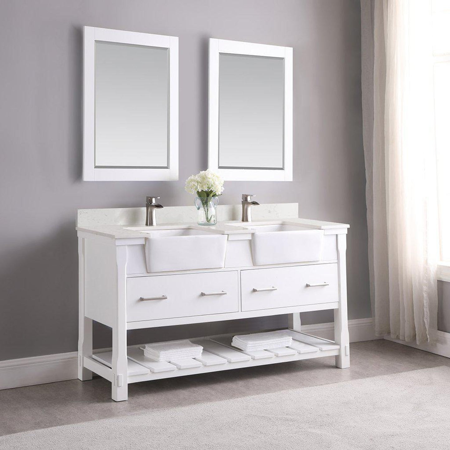 Altair Georgia 60" Double White Freestanding Bathroom Vanity Set With Mirror, Aosta White Composite Stone Top, Two Rectangular Farmhouse Sinks, Overflow, and Backsplash