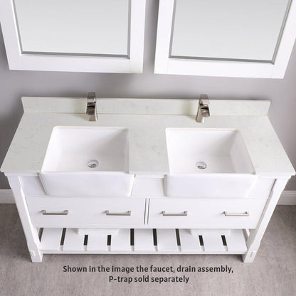 Altair Georgia 60" Double White Freestanding Bathroom Vanity Set With Mirror, Aosta White Composite Stone Top, Two Rectangular Farmhouse Sinks, Overflow, and Backsplash