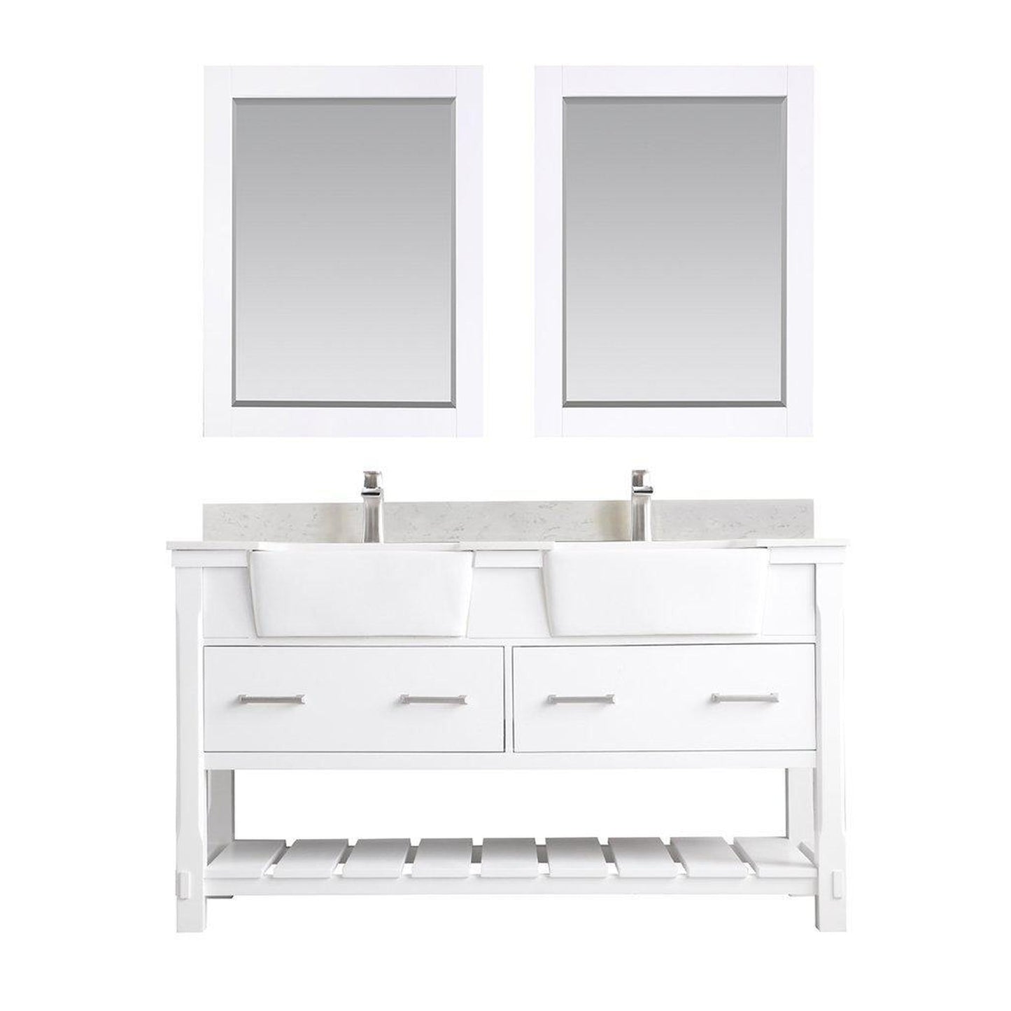 Altair Georgia 60" Double White Freestanding Bathroom Vanity Set With Mirror, Aosta White Composite Stone Top, Two Rectangular Farmhouse Sinks, Overflow, and Backsplash