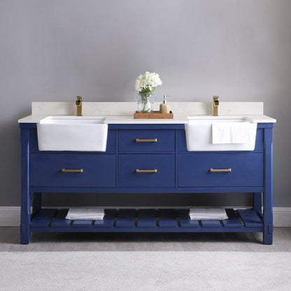 Altair Georgia 72" Double Jewelry Blue Freestanding Bathroom Vanity Set With Aosta White Composite Stone Top, Two Rectangular Farmhouse Sinks, Overflow, and Backsplash