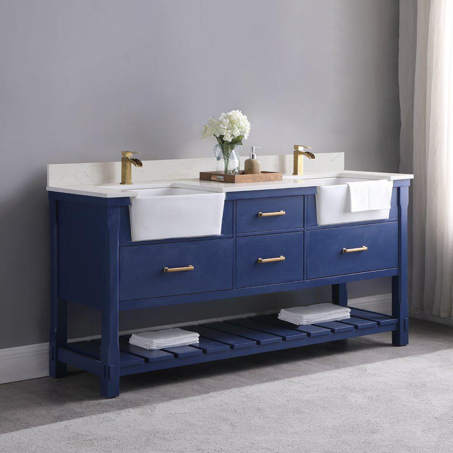 Altair Georgia 72" Double Jewelry Blue Freestanding Bathroom Vanity Set With Aosta White Composite Stone Top, Two Rectangular Farmhouse Sinks, Overflow, and Backsplash