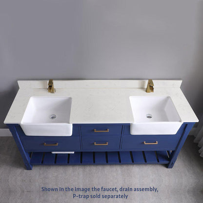 Altair Georgia 72" Double Jewelry Blue Freestanding Bathroom Vanity Set With Aosta White Composite Stone Top, Two Rectangular Farmhouse Sinks, Overflow, and Backsplash