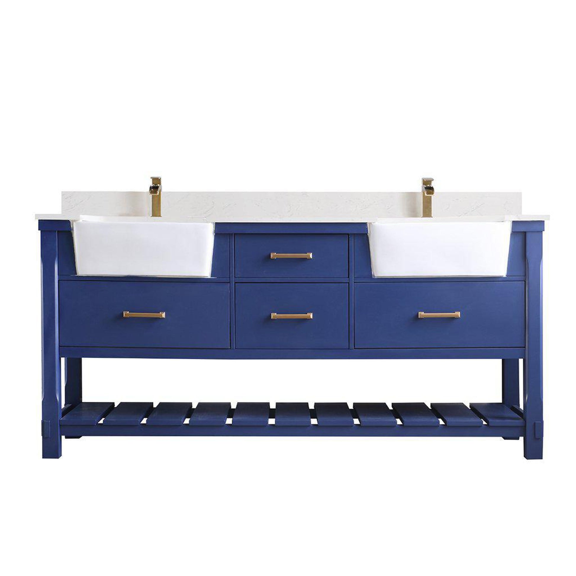 Altair Georgia 72" Double Jewelry Blue Freestanding Bathroom Vanity Set With Aosta White Composite Stone Top, Two Rectangular Farmhouse Sinks, Overflow, and Backsplash