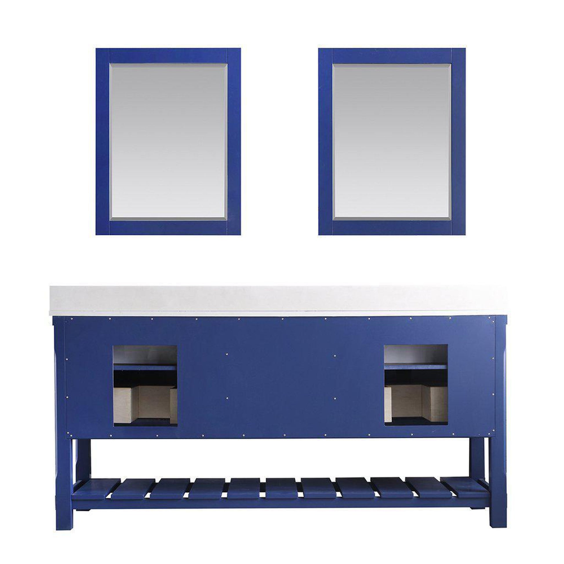 Altair Georgia 72" Double Jewelry Blue Freestanding Bathroom Vanity Set With Mirror, Aosta White Composite Stone Top, Two Rectangular Farmhouse Sinks, Overflow, and Backsplash