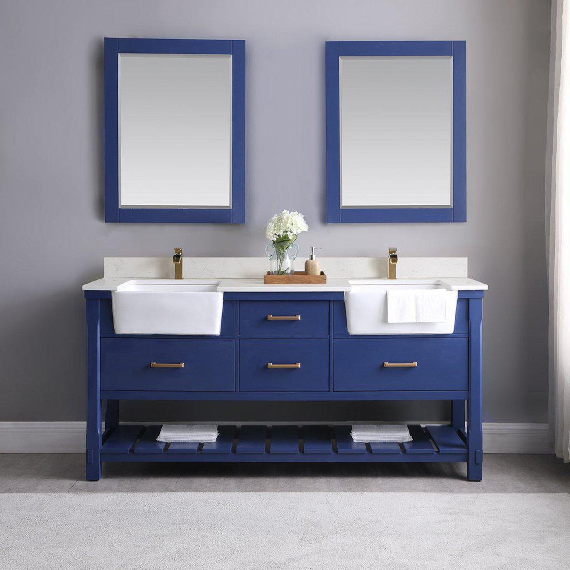 Altair Georgia 72" Double Jewelry Blue Freestanding Bathroom Vanity Set With Mirror, Aosta White Composite Stone Top, Two Rectangular Farmhouse Sinks, Overflow, and Backsplash