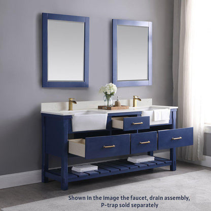 Altair Georgia 72" Double Jewelry Blue Freestanding Bathroom Vanity Set With Mirror, Aosta White Composite Stone Top, Two Rectangular Farmhouse Sinks, Overflow, and Backsplash