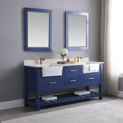 Altair Georgia 72" Double Jewelry Blue Freestanding Bathroom Vanity Set With Mirror, Aosta White Composite Stone Top, Two Rectangular Farmhouse Sinks, Overflow, and Backsplash