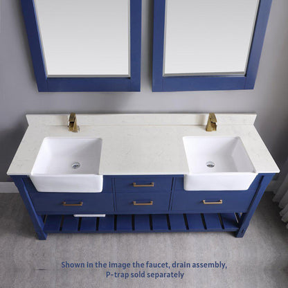 Altair Georgia 72" Double Jewelry Blue Freestanding Bathroom Vanity Set With Mirror, Aosta White Composite Stone Top, Two Rectangular Farmhouse Sinks, Overflow, and Backsplash