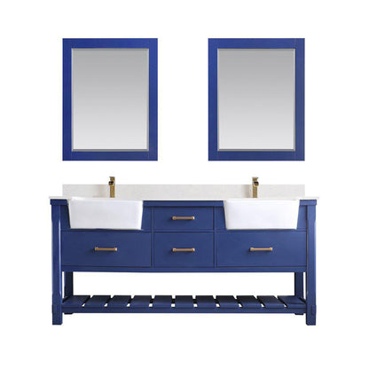 Altair Georgia 72" Double Jewelry Blue Freestanding Bathroom Vanity Set With Mirror, Aosta White Composite Stone Top, Two Rectangular Farmhouse Sinks, Overflow, and Backsplash