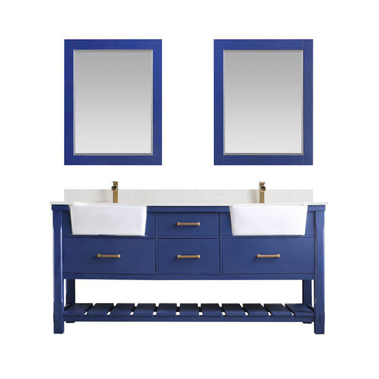 Altair Georgia 72" Double Jewelry Blue Freestanding Bathroom Vanity Set With Mirror, Aosta White Composite Stone Top, Two Rectangular Farmhouse Sinks, Overflow, and Backsplash