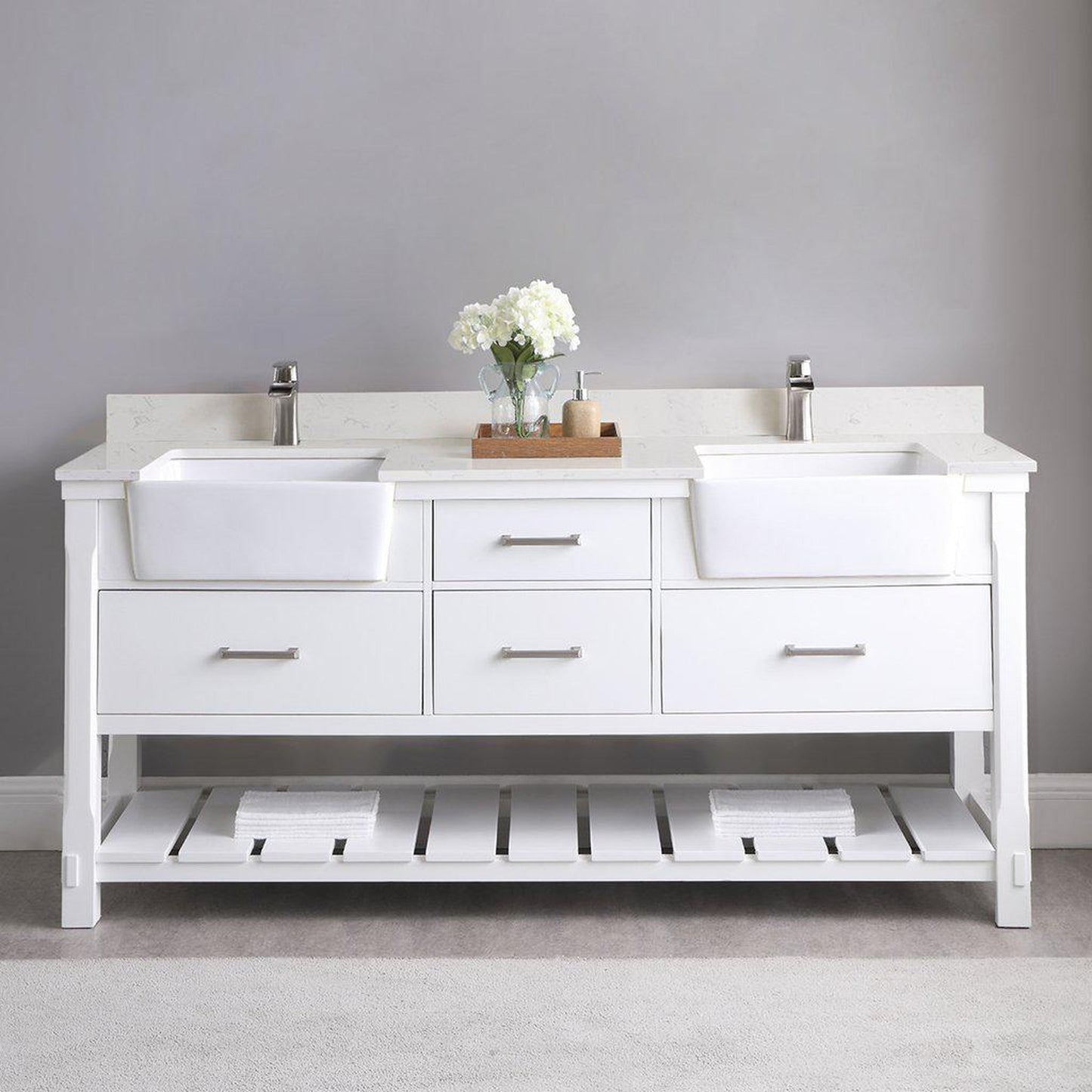 Altair Georgia 72" Double White Freestanding Bathroom Vanity Set With Aosta White Composite Stone Top, Two Rectangular Farmhouse Sinks, Overflow, and Backsplash