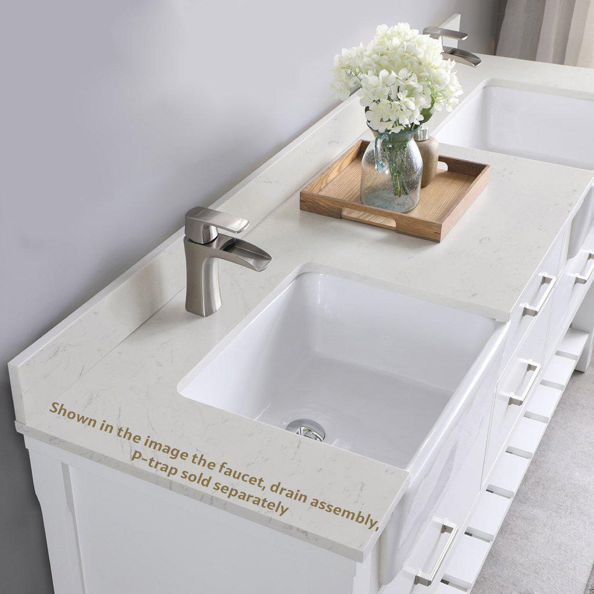 Altair Georgia 72" Double White Freestanding Bathroom Vanity Set With Aosta White Composite Stone Top, Two Rectangular Farmhouse Sinks, Overflow, and Backsplash