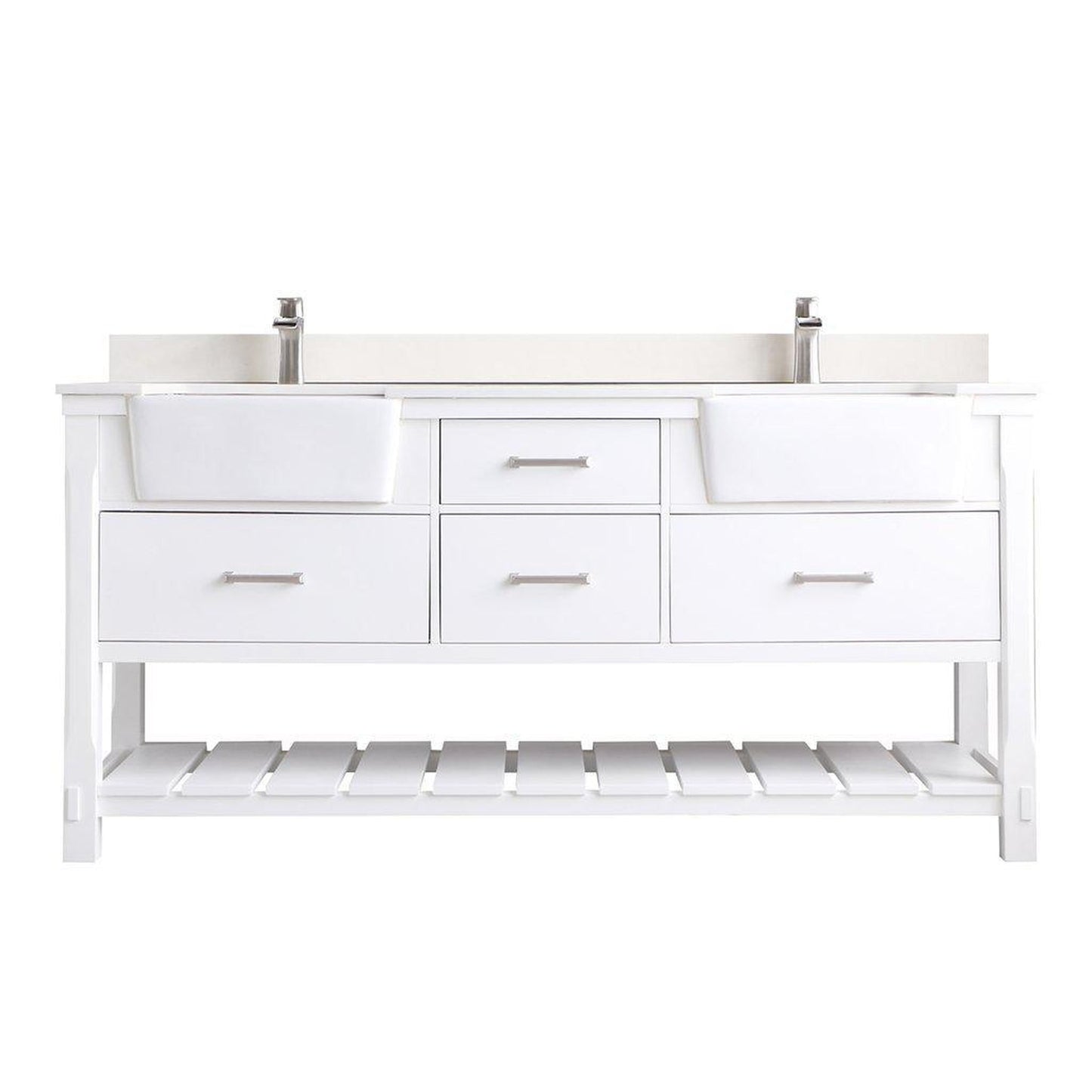 Altair Georgia 72" Double White Freestanding Bathroom Vanity Set With Aosta White Composite Stone Top, Two Rectangular Farmhouse Sinks, Overflow, and Backsplash