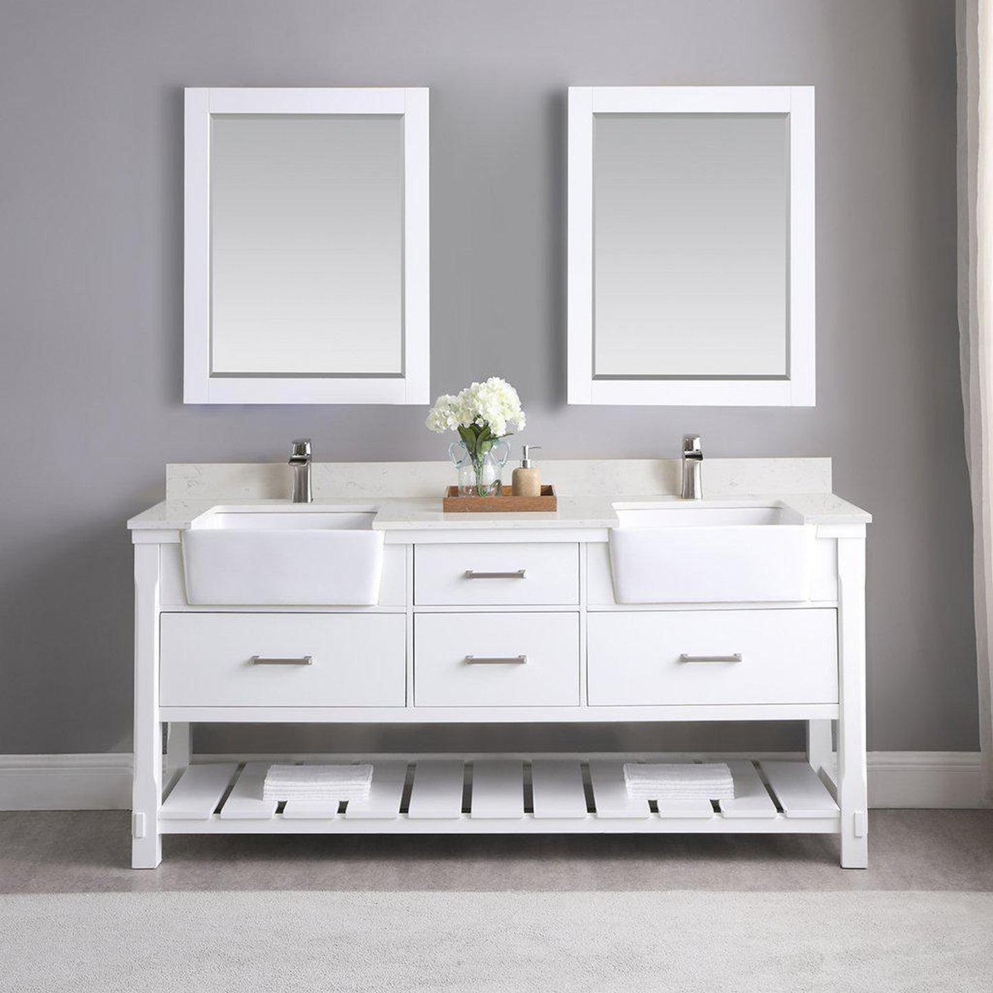 Altair Georgia 72" Double White Freestanding Bathroom Vanity Set With Mirror, Aosta White Composite Stone Top, Two Rectangular Farmhouse Sinks, Overflow, and Backsplash