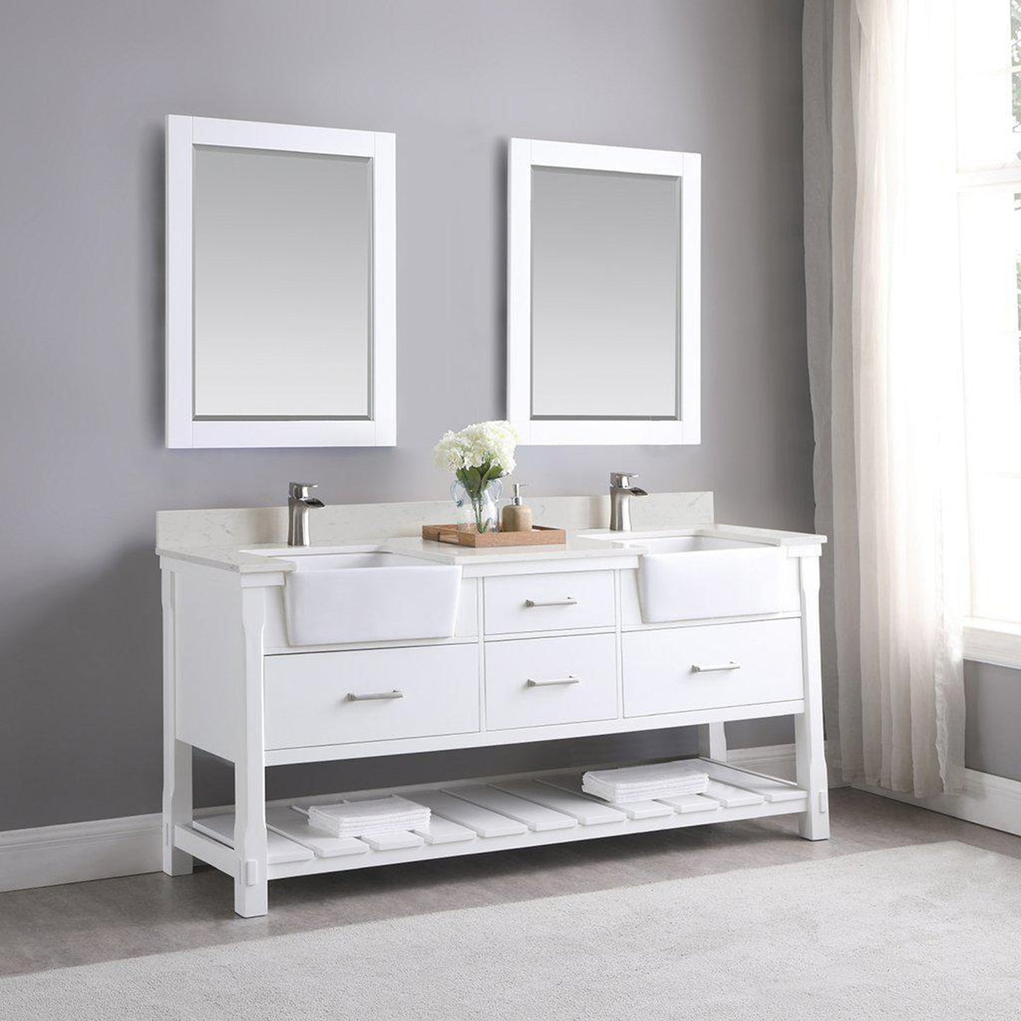 Altair Georgia 72" Double White Freestanding Bathroom Vanity Set With Mirror, Aosta White Composite Stone Top, Two Rectangular Farmhouse Sinks, Overflow, and Backsplash