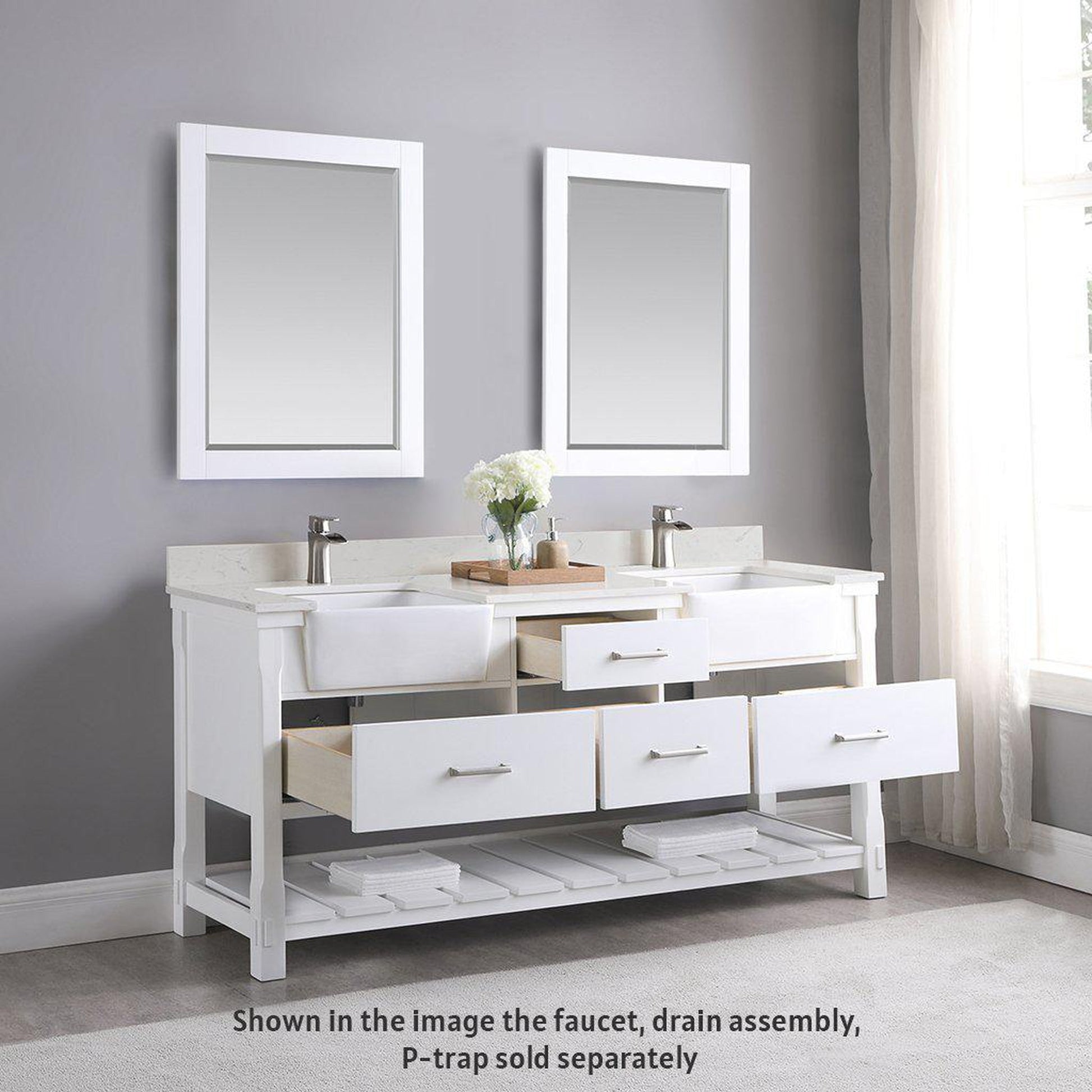 Altair Georgia 72" Double White Freestanding Bathroom Vanity Set With Mirror, Aosta White Composite Stone Top, Two Rectangular Farmhouse Sinks, Overflow, and Backsplash