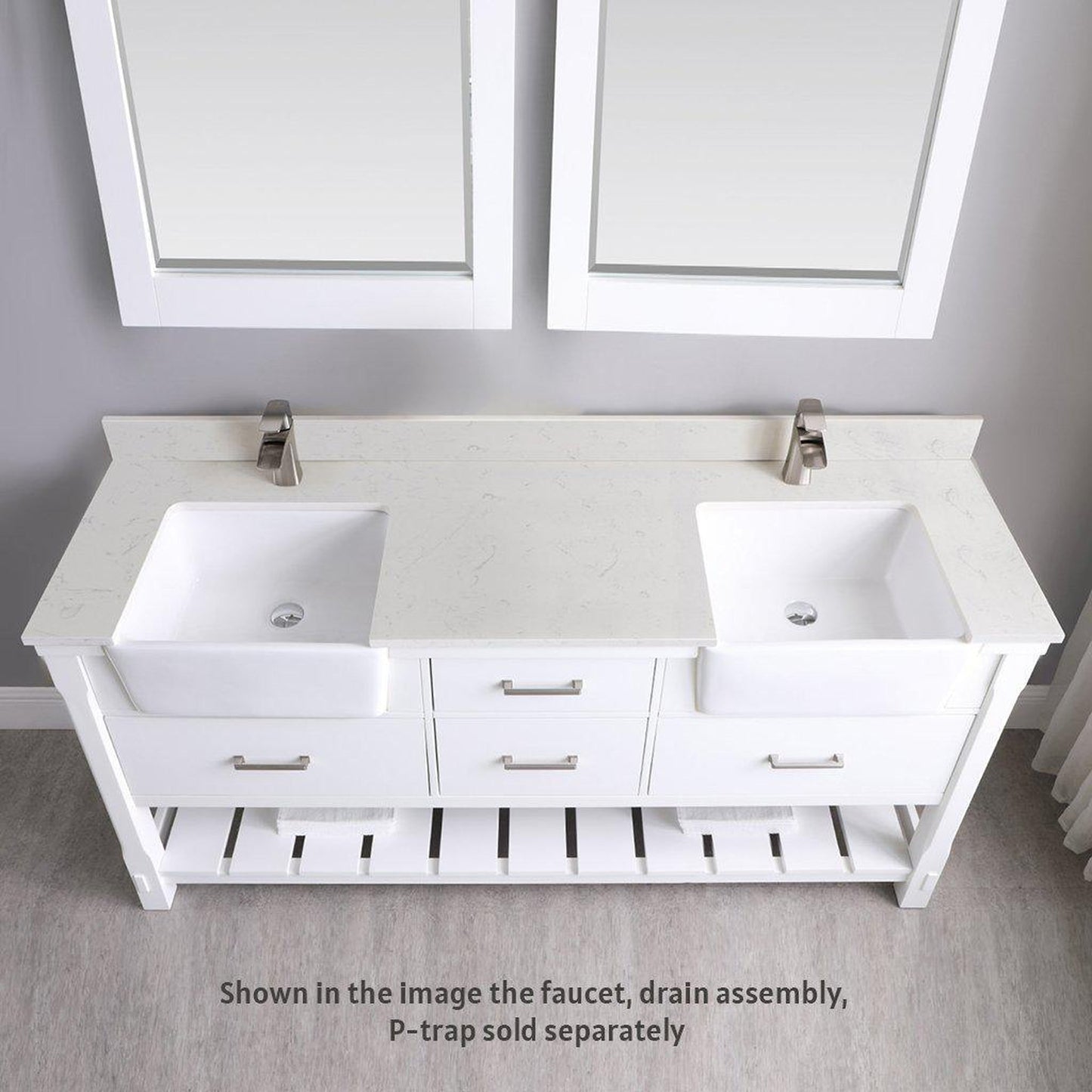 Altair Georgia 72" Double White Freestanding Bathroom Vanity Set With Mirror, Aosta White Composite Stone Top, Two Rectangular Farmhouse Sinks, Overflow, and Backsplash