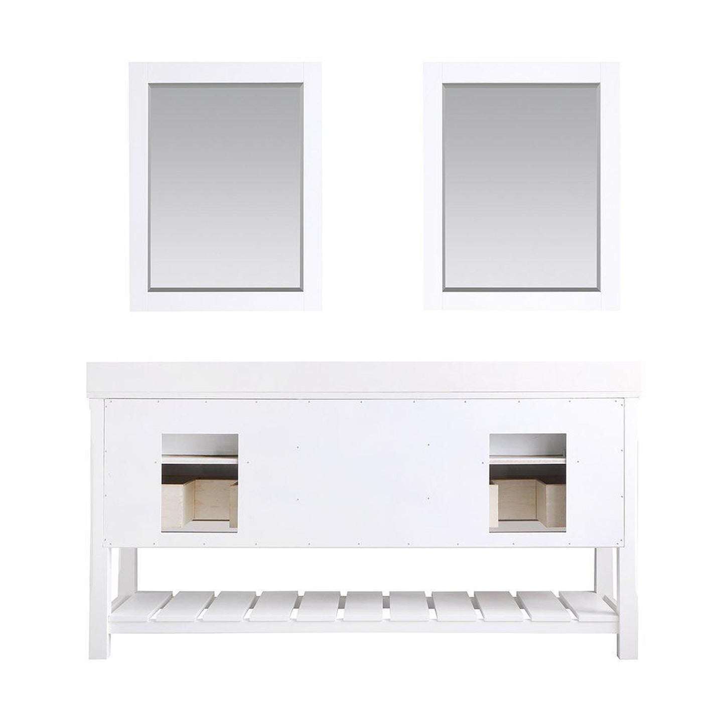 Altair Georgia 72" Double White Freestanding Bathroom Vanity Set With Mirror, Aosta White Composite Stone Top, Two Rectangular Farmhouse Sinks, Overflow, and Backsplash