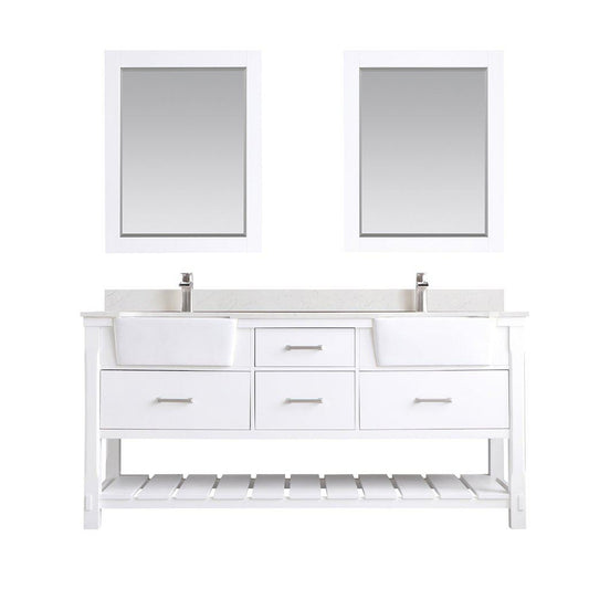 Altair Georgia 72" Double White Freestanding Bathroom Vanity Set With Mirror, Aosta White Composite Stone Top, Two Rectangular Farmhouse Sinks, Overflow, and Backsplash
