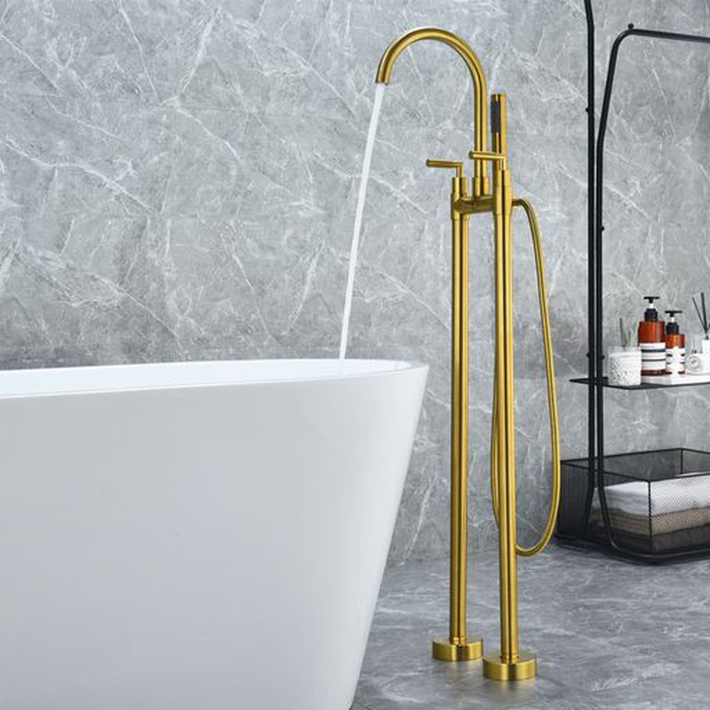 Altair Gnosall Brushed Gold Double Lever Handle Freestanding Bathtub Faucet With Handshower