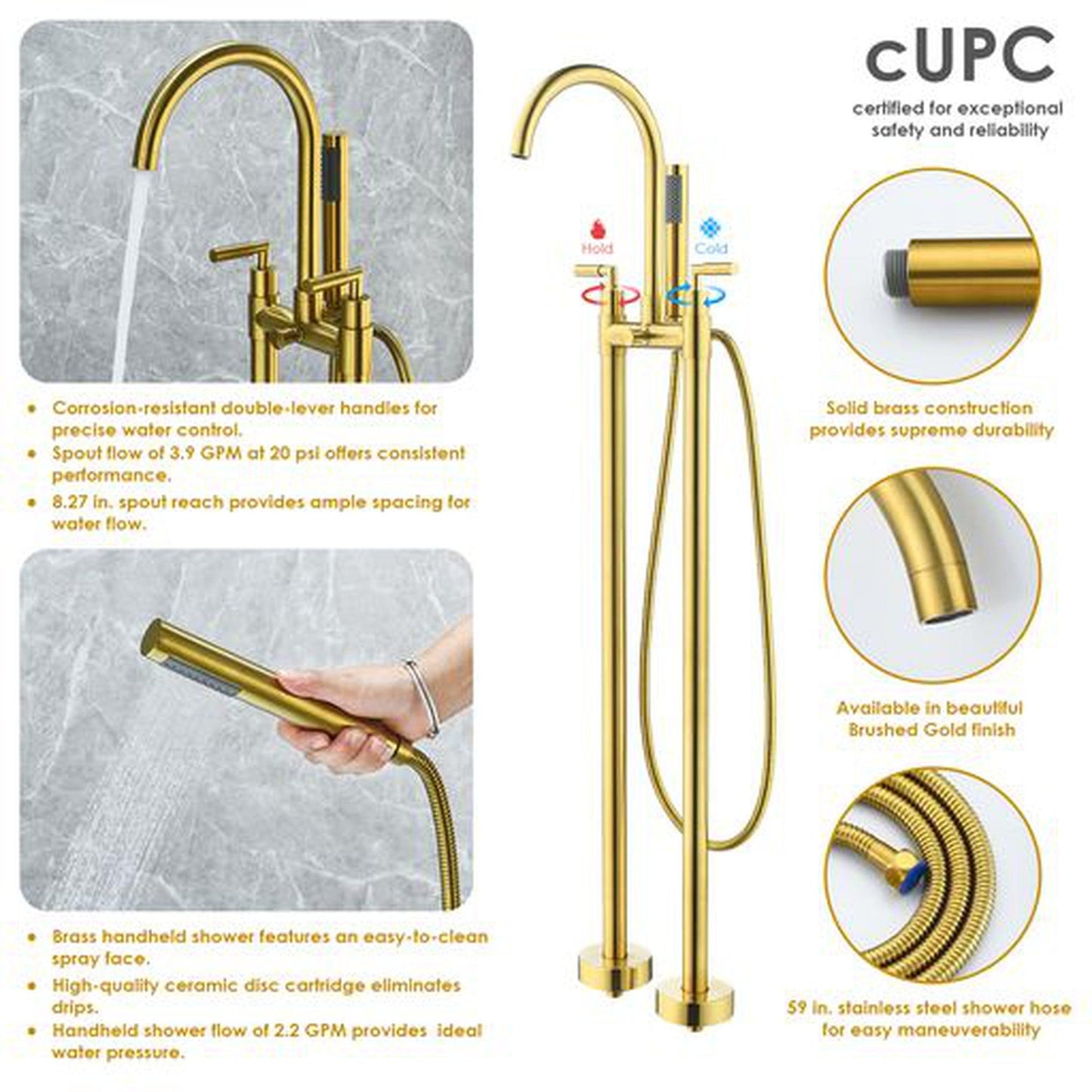 Altair Gnosall Brushed Gold Double Lever Handle Freestanding Bathtub Faucet With Handshower