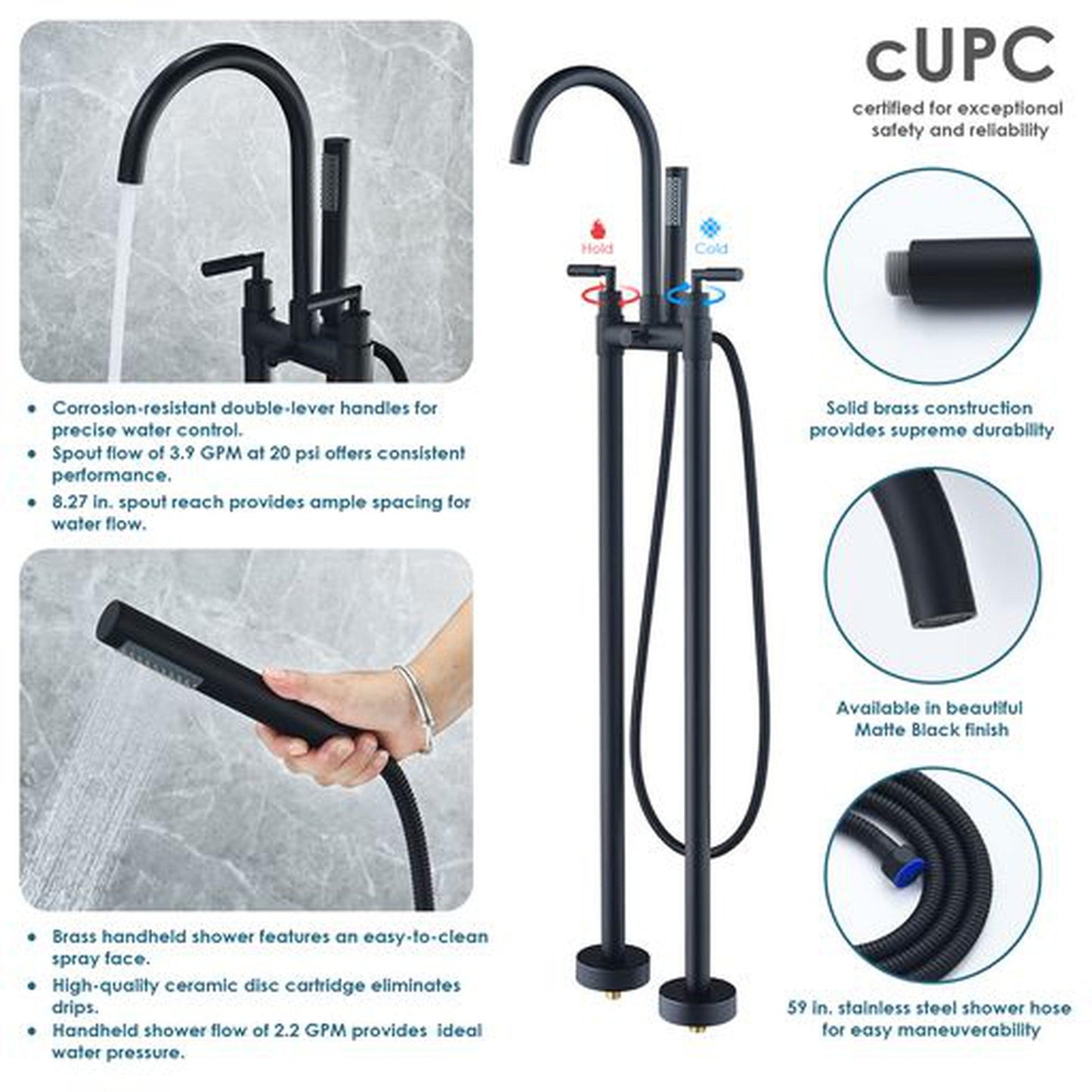 Altair Gnosall Matte Black Double Lever Handle Freestanding Bathtub Faucet With Handshower