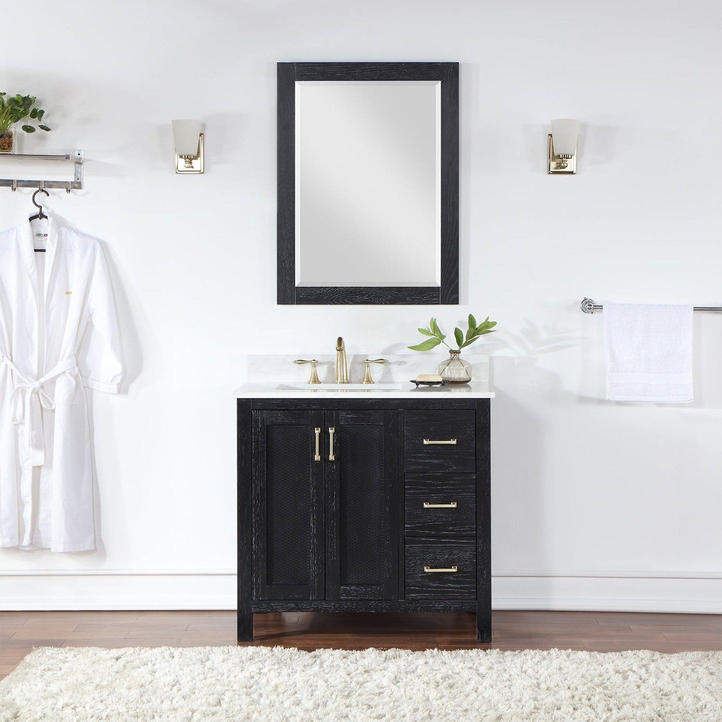 Altair Hadiya 36" Single Black Oak Freestanding Bathroom Vanity Set With Mirror, Elegant Aosta White Composite Stone Top, Rectangular Undermount Ceramic Sink, Overflow, and Backsplash