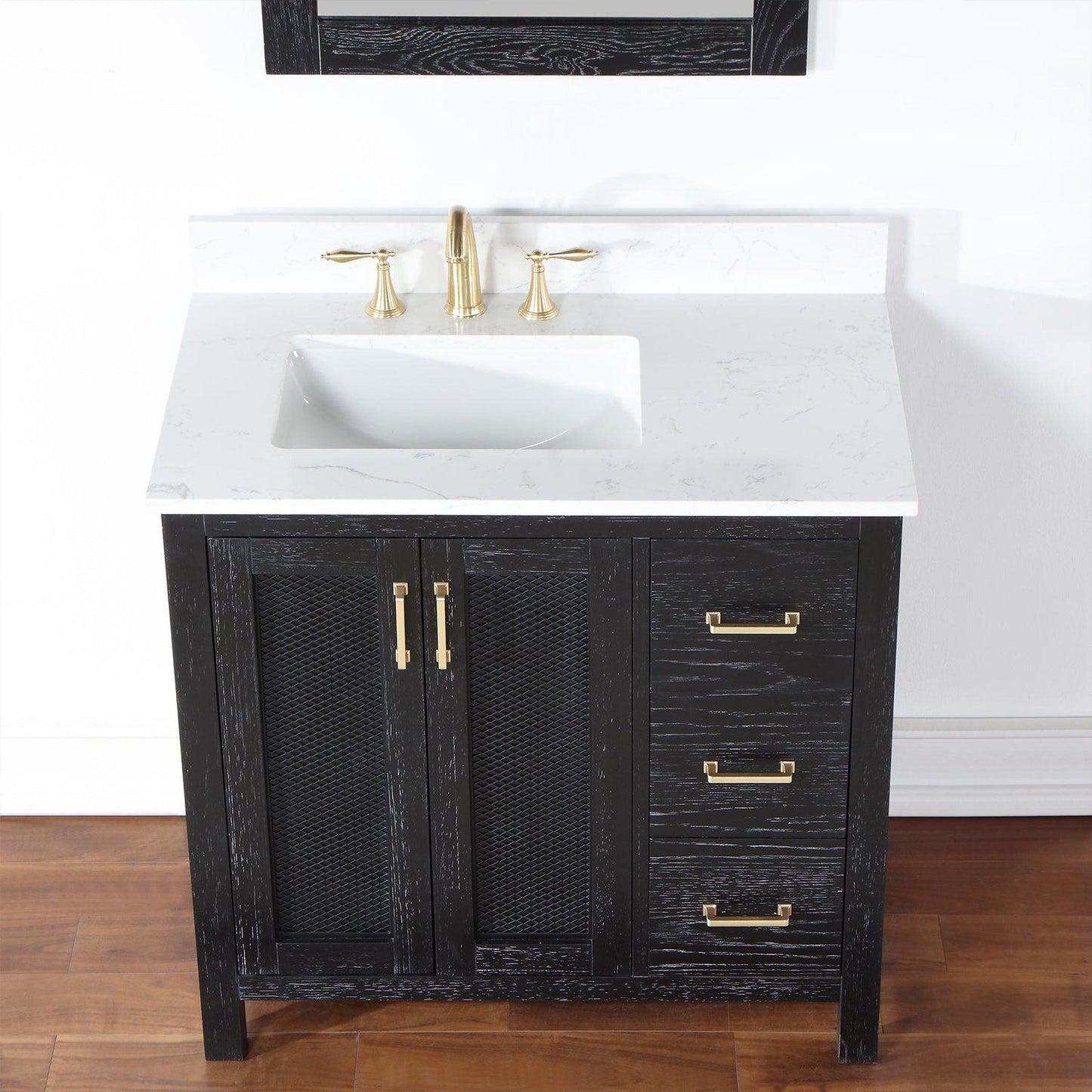 Altair Hadiya 36" Single Black Oak Freestanding Bathroom Vanity Set With Mirror, Elegant Aosta White Composite Stone Top, Rectangular Undermount Ceramic Sink, Overflow, and Backsplash