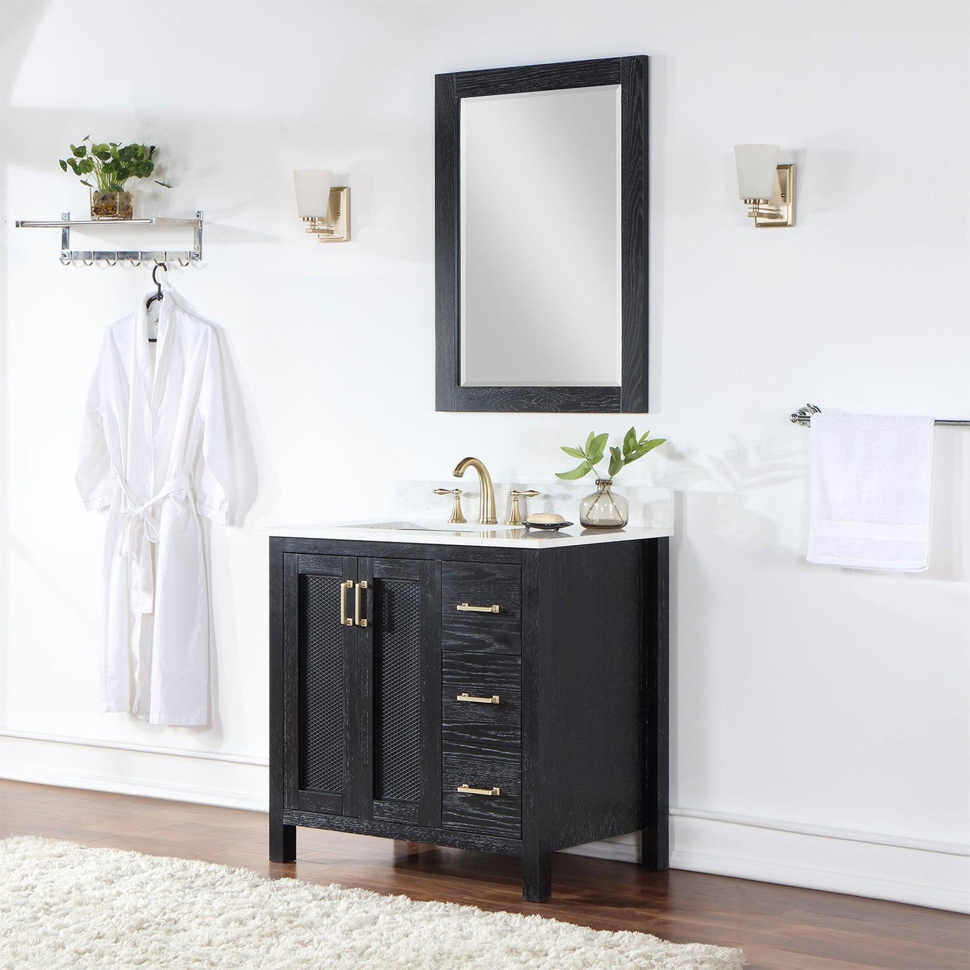 Altair Hadiya 36" Single Black Oak Freestanding Bathroom Vanity Set With Mirror, Elegant Aosta White Composite Stone Top, Rectangular Undermount Ceramic Sink, Overflow, and Backsplash