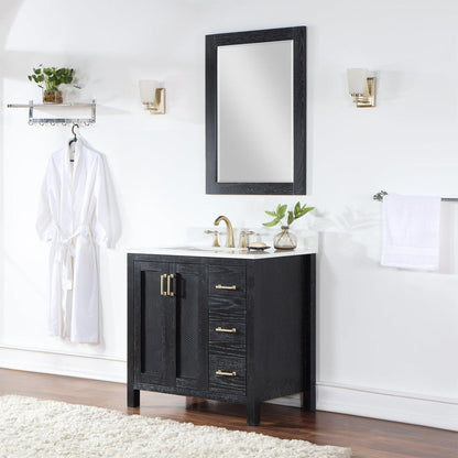 Altair Hadiya 36" Single Black Oak Freestanding Bathroom Vanity Set With Mirror, Elegant Aosta White Composite Stone Top, Rectangular Undermount Ceramic Sink, Overflow, and Backsplash