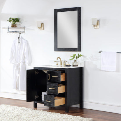 Altair Hadiya 36" Single Black Oak Freestanding Bathroom Vanity Set With Mirror, Elegant Aosta White Composite Stone Top, Rectangular Undermount Ceramic Sink, Overflow, and Backsplash
