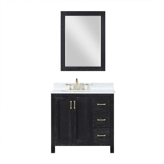 Altair Hadiya 36" Single Black Oak Freestanding Bathroom Vanity Set With Mirror, Elegant Aosta White Composite Stone Top, Rectangular Undermount Ceramic Sink, Overflow, and Backsplash