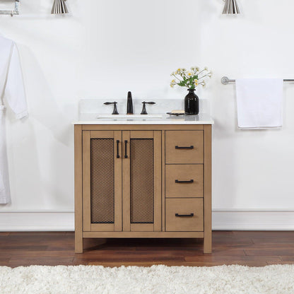 Altair Hadiya 36" Single Brown Pine Freestanding Bathroom Vanity Set With Elegant Aosta White Composite Stone Top, Rectangular Undermount Ceramic Sink, Overflow, and Backsplash