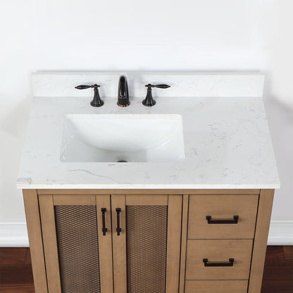 Altair Hadiya 36" Single Brown Pine Freestanding Bathroom Vanity Set With Elegant Aosta White Composite Stone Top, Rectangular Undermount Ceramic Sink, Overflow, and Backsplash