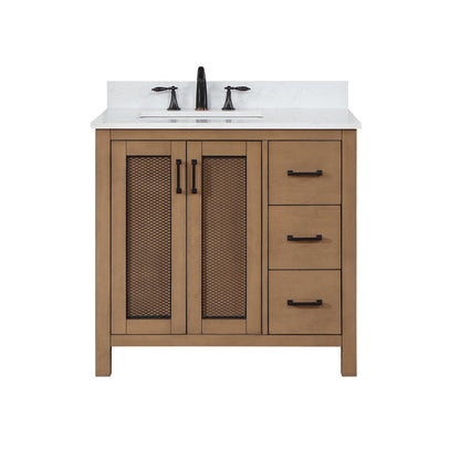 Altair Hadiya 36" Single Brown Pine Freestanding Bathroom Vanity Set With Elegant Aosta White Composite Stone Top, Rectangular Undermount Ceramic Sink, Overflow, and Backsplash