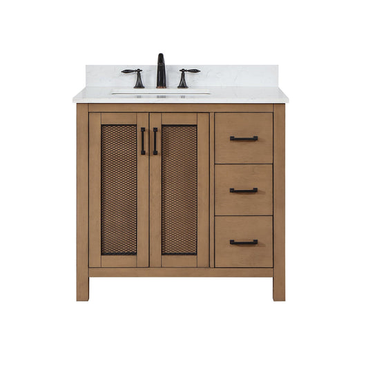 Altair Hadiya 36" Single Brown Pine Freestanding Bathroom Vanity Set With Elegant Aosta White Composite Stone Top, Rectangular Undermount Ceramic Sink, Overflow, and Backsplash