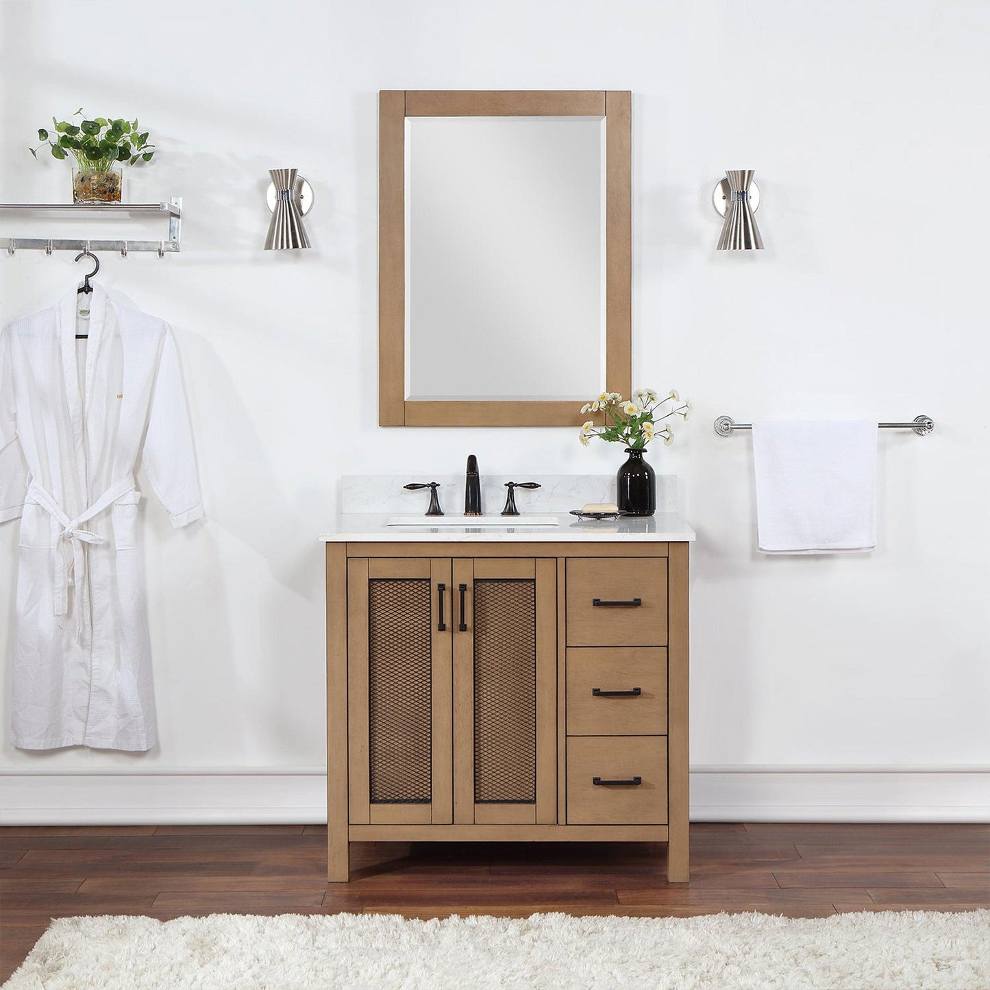 Altair Hadiya 36" Single Brown Pine Freestanding Bathroom Vanity Set With Mirror, Elegant Aosta White Composite Stone Top, Rectangular Undermount Ceramic Sink, Overflow, and Backsplash