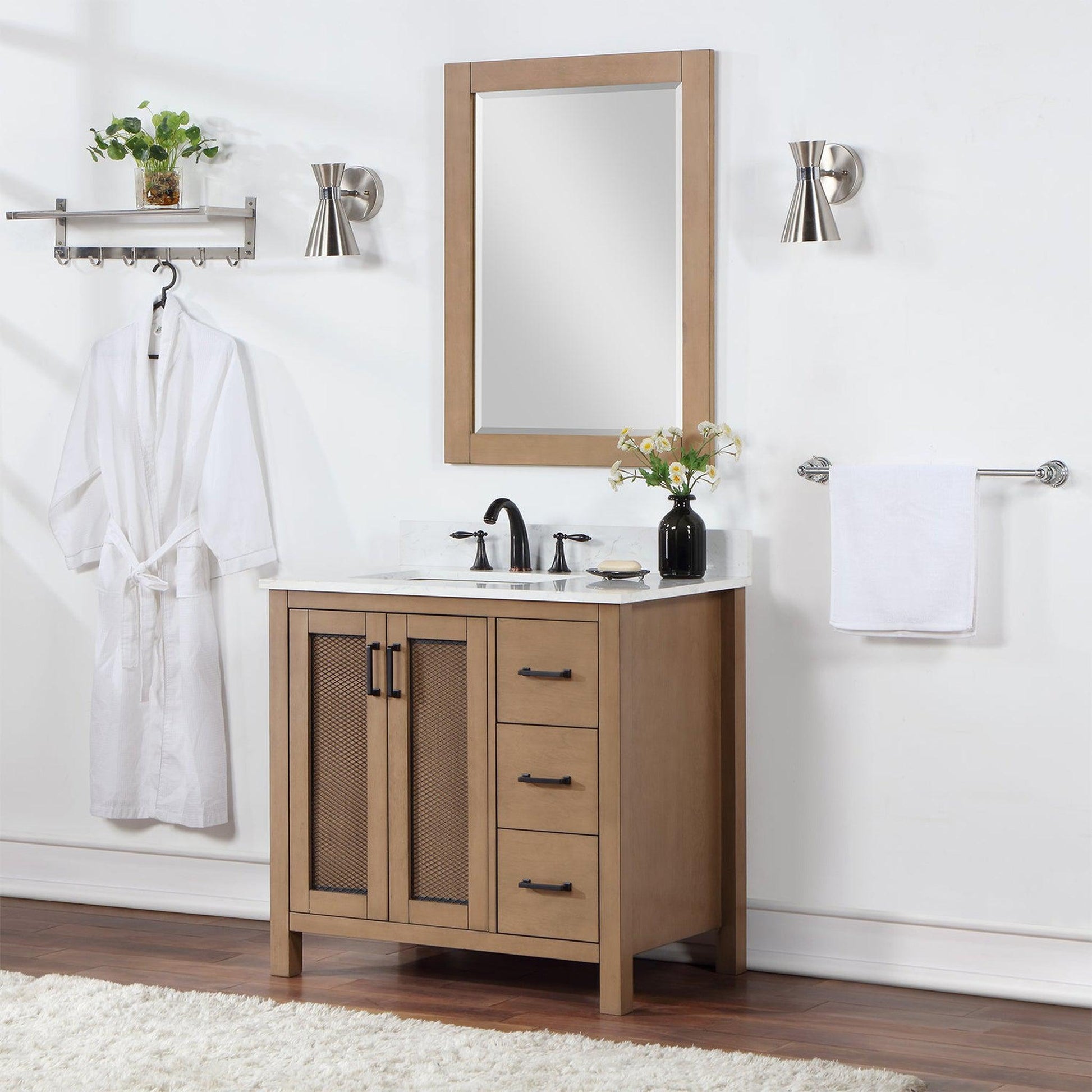 Altair Hadiya 36" Single Brown Pine Freestanding Bathroom Vanity Set With Mirror, Elegant Aosta White Composite Stone Top, Rectangular Undermount Ceramic Sink, Overflow, and Backsplash