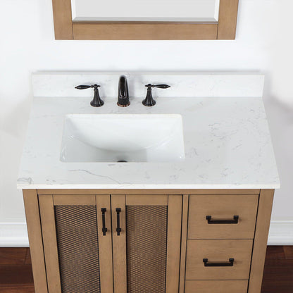 Altair Hadiya 36" Single Brown Pine Freestanding Bathroom Vanity Set With Mirror, Elegant Aosta White Composite Stone Top, Rectangular Undermount Ceramic Sink, Overflow, and Backsplash