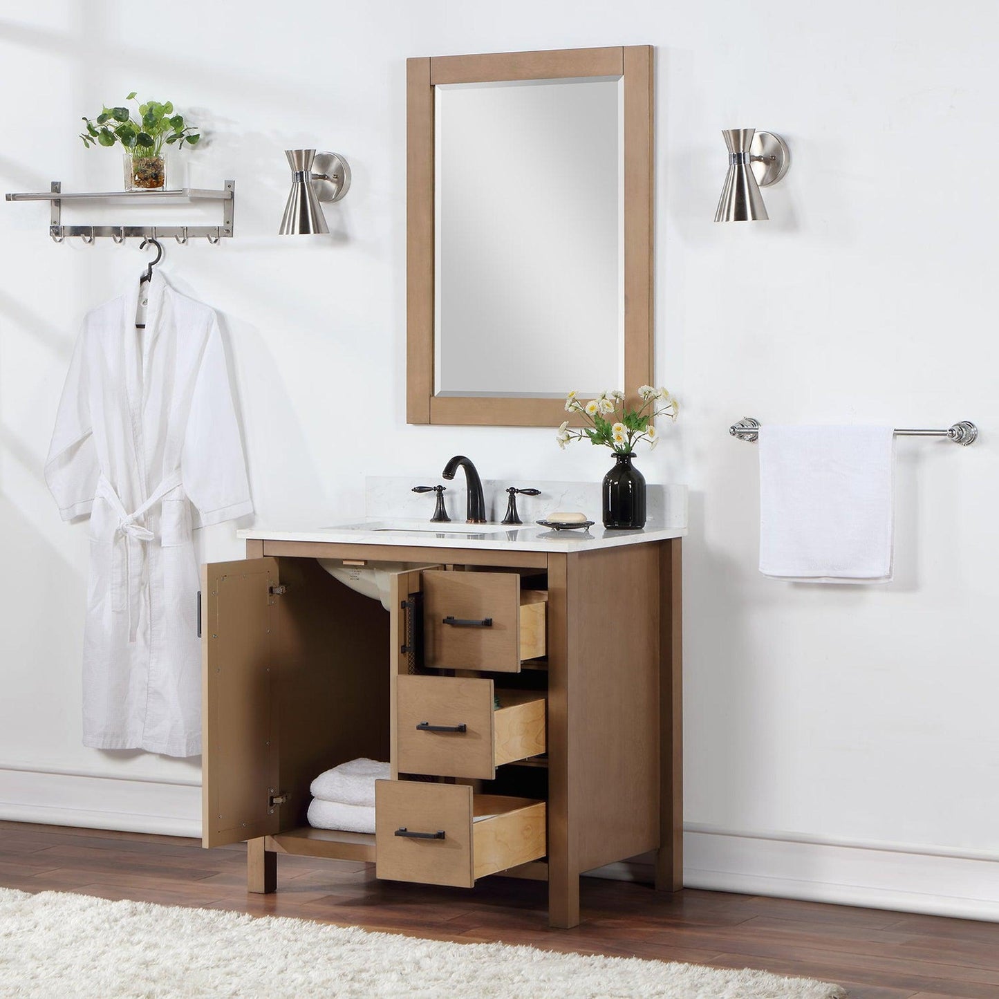 Altair Hadiya 36" Single Brown Pine Freestanding Bathroom Vanity Set With Mirror, Elegant Aosta White Composite Stone Top, Rectangular Undermount Ceramic Sink, Overflow, and Backsplash