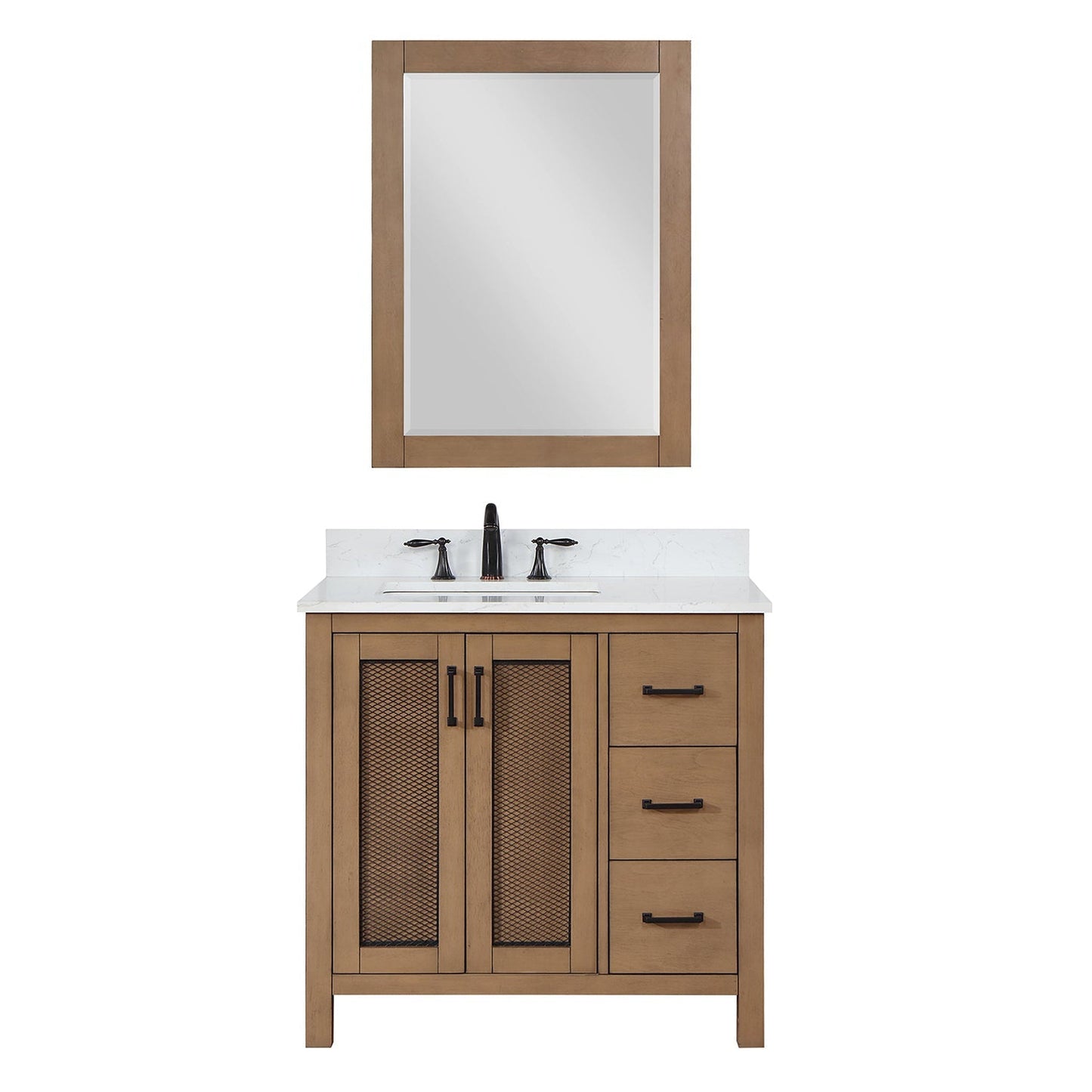 Altair Hadiya 36" Single Brown Pine Freestanding Bathroom Vanity Set With Mirror, Elegant Aosta White Composite Stone Top, Rectangular Undermount Ceramic Sink, Overflow, and Backsplash