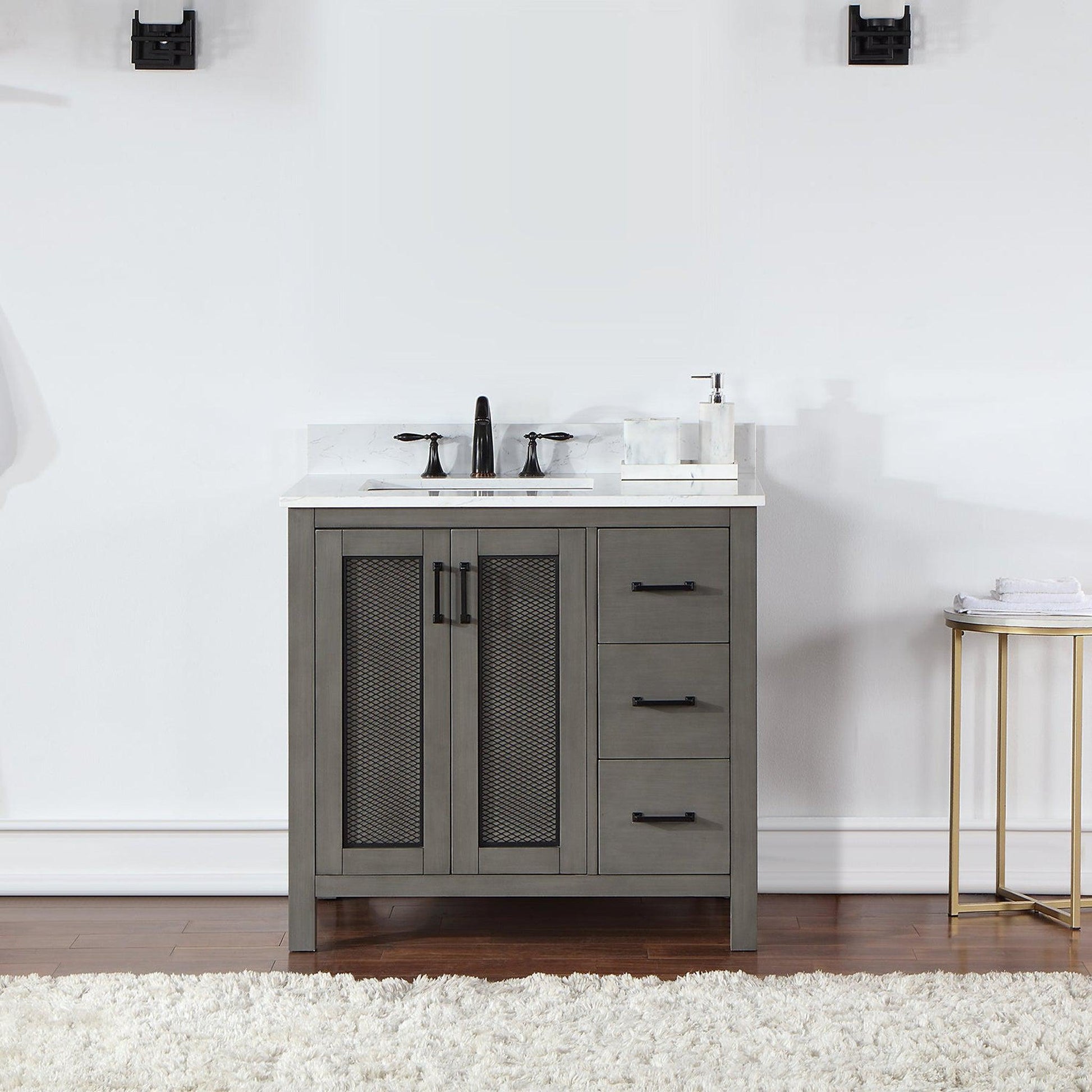 Altair Hadiya 36" Single Gray Pine Freestanding Bathroom Vanity Set With Elegant Aosta White Composite Stone Top, Rectangular Undermount Ceramic Sink, Overflow, and Backsplash