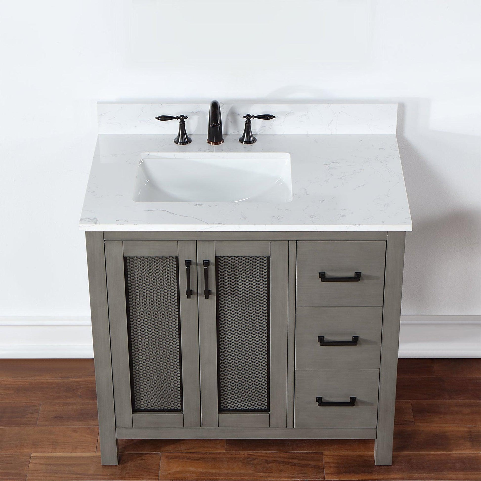 Altair Hadiya 36" Single Gray Pine Freestanding Bathroom Vanity Set With Elegant Aosta White Composite Stone Top, Rectangular Undermount Ceramic Sink, Overflow, and Backsplash
