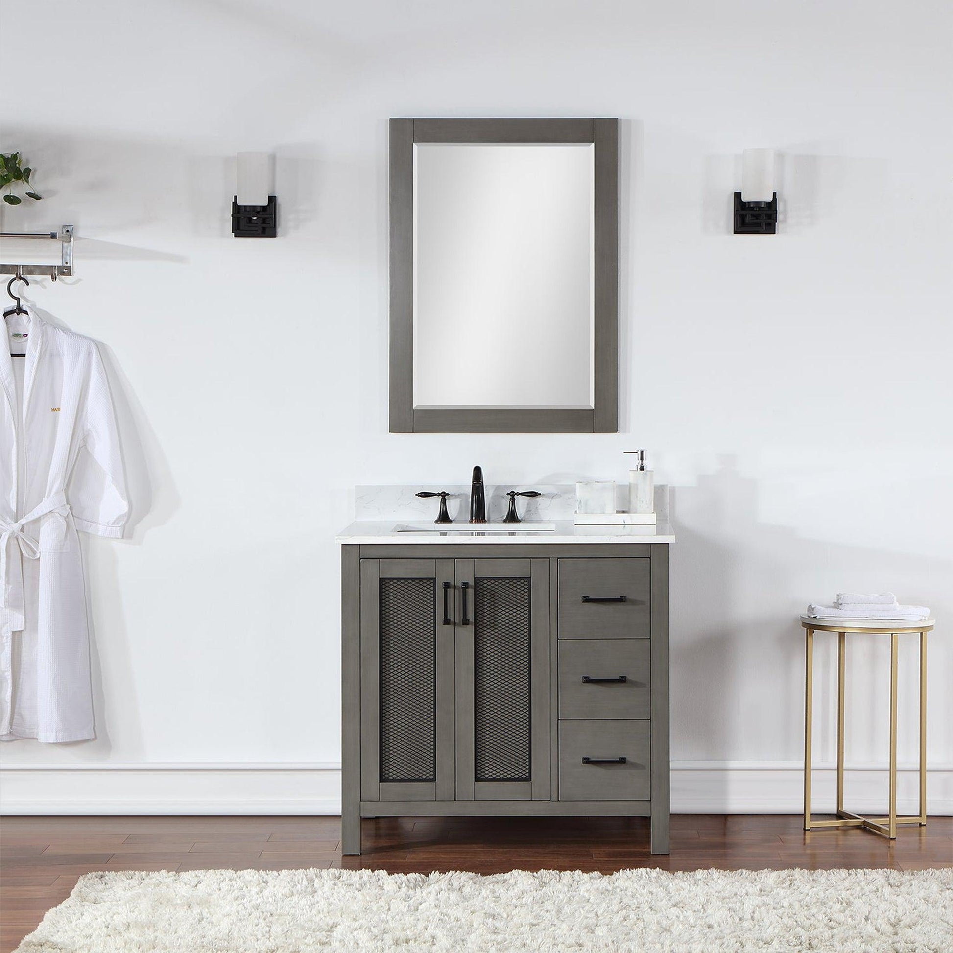 Altair Hadiya 36" Single Gray Pine Freestanding Bathroom Vanity Set With Mirror, Elegant Aosta White Composite Stone Top, Rectangular Undermount Ceramic Sink, Overflow, and Backsplash