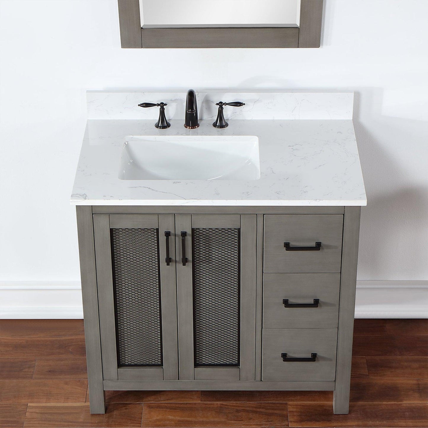 Altair Hadiya 36" Single Gray Pine Freestanding Bathroom Vanity Set With Mirror, Elegant Aosta White Composite Stone Top, Rectangular Undermount Ceramic Sink, Overflow, and Backsplash