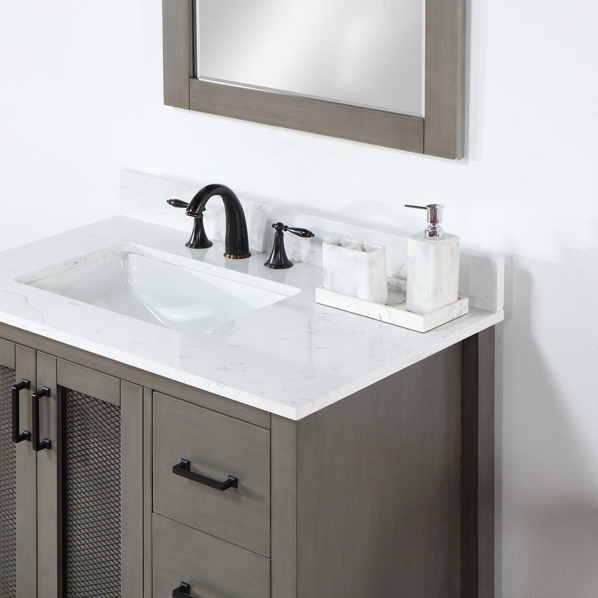 Altair Hadiya 36" Single Gray Pine Freestanding Bathroom Vanity Set With Mirror, Elegant Aosta White Composite Stone Top, Rectangular Undermount Ceramic Sink, Overflow, and Backsplash