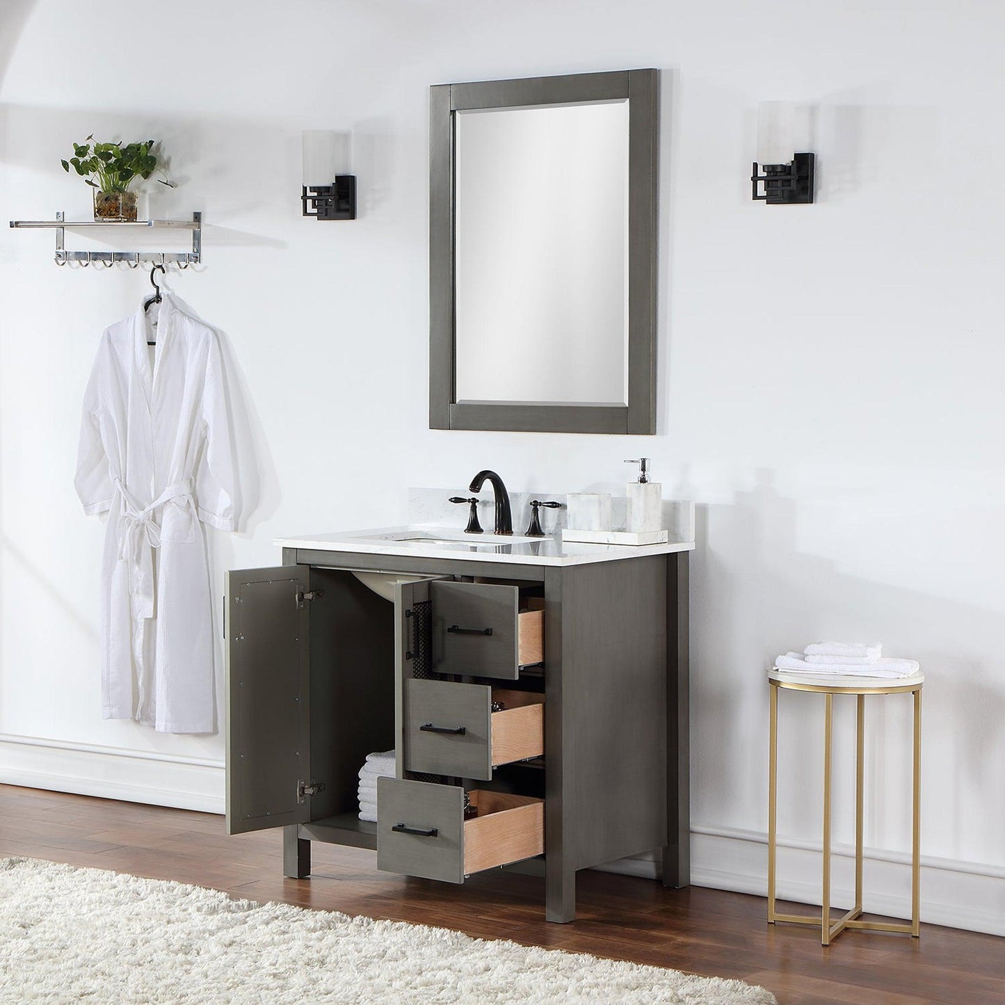 Altair Hadiya 36" Single Gray Pine Freestanding Bathroom Vanity Set With Mirror, Elegant Aosta White Composite Stone Top, Rectangular Undermount Ceramic Sink, Overflow, and Backsplash