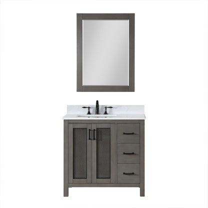 Altair Hadiya 36" Single Gray Pine Freestanding Bathroom Vanity Set With Mirror, Elegant Aosta White Composite Stone Top, Rectangular Undermount Ceramic Sink, Overflow, and Backsplash