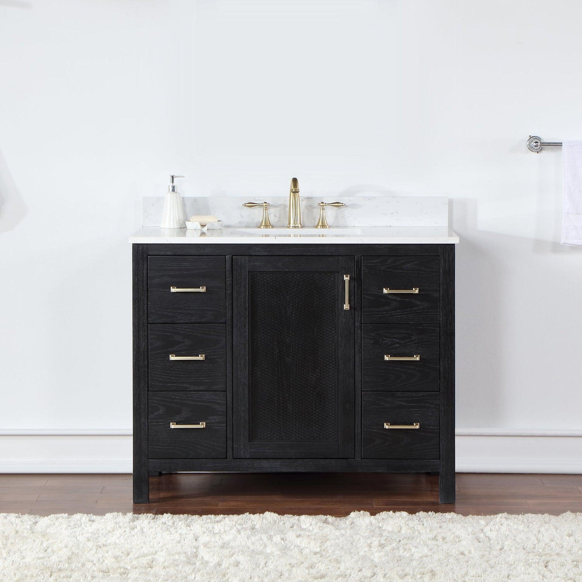 Altair Hadiya 42" Single Black Oak Freestanding Bathroom Vanity Set With Elegant Aosta White Composite Stone Top, Rectangular Undermount Ceramic Sink, Overflow, and Backsplash