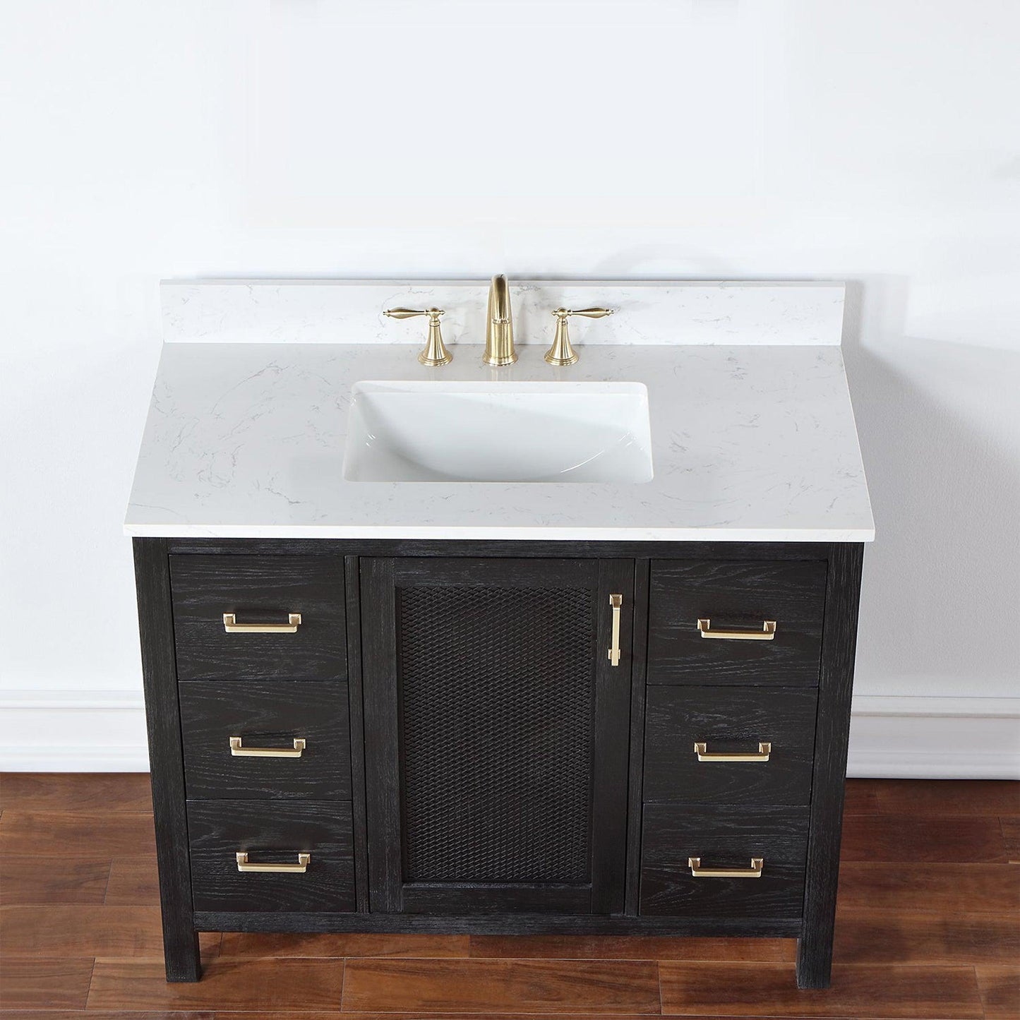Altair Hadiya 42" Single Black Oak Freestanding Bathroom Vanity Set With Elegant Aosta White Composite Stone Top, Rectangular Undermount Ceramic Sink, Overflow, and Backsplash